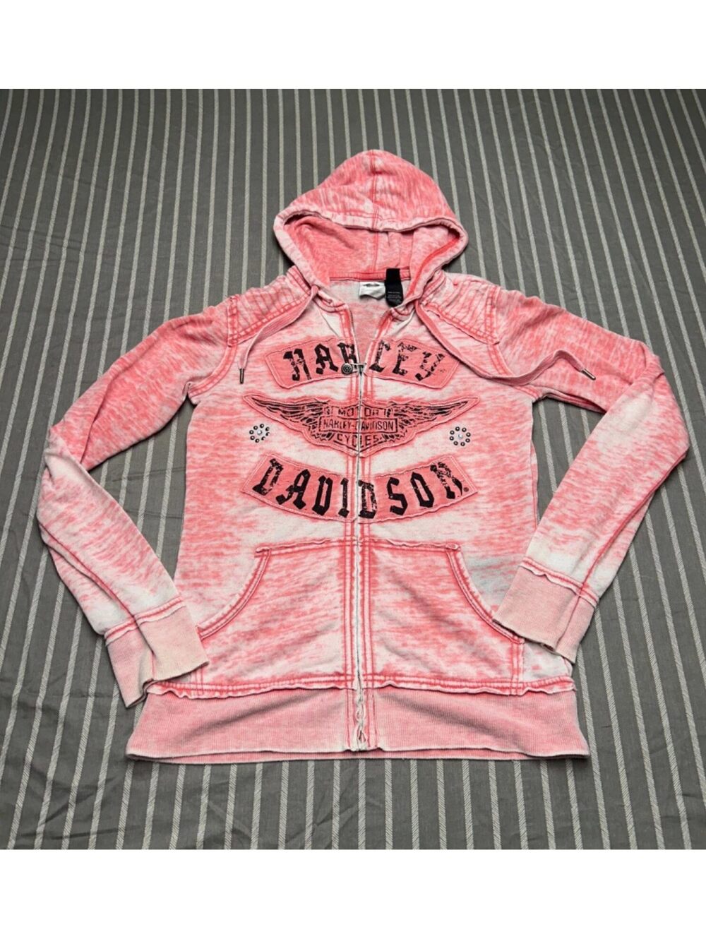 Womens Harley Davidson Distressed Zip Up Hoodie Jacket S Small Pink Embellished
